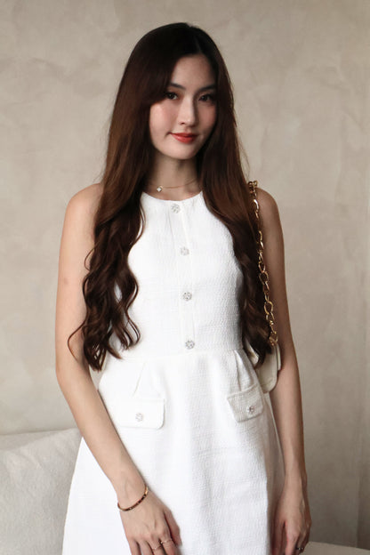 *Premium* Maya Pearl Rhinestone Buttons Tweed Dress In White