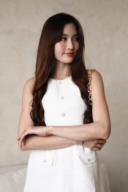 *Premium* Maya Pearl Rhinestone Buttons Tweed Dress In White