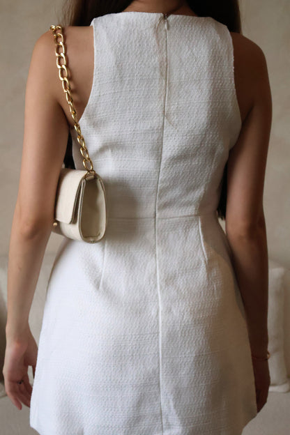 *Premium* Maya Pearl Rhinestone Buttons Tweed Dress In White