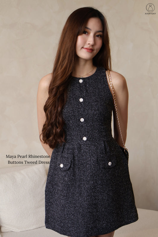 *Premium* Maya Pearl Rhinestone Buttons Tweed Dress In Black