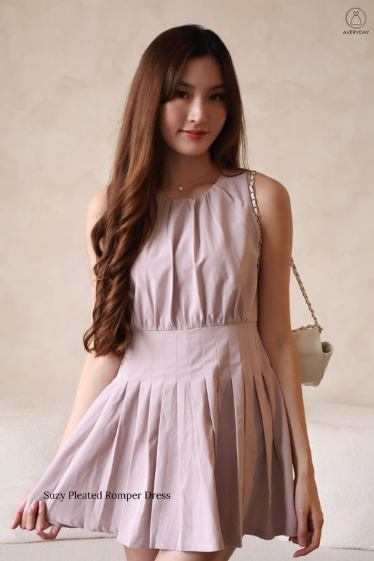 Suzy Pleated Romper Dress In Lilac