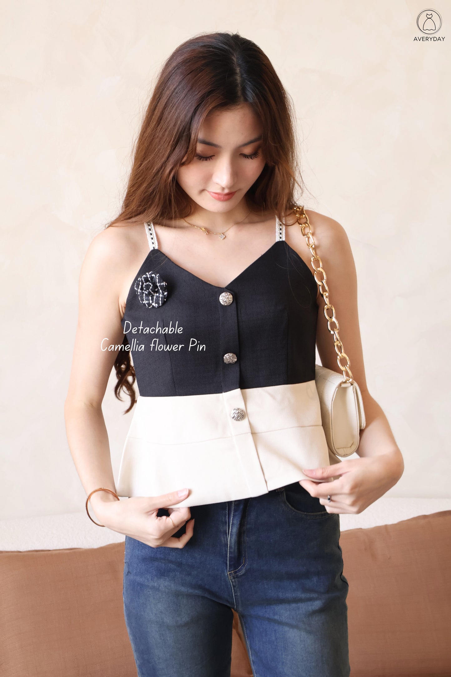 *Premium* Claudia Tweed Peplum Top In Black (With Detachable Camellia Pin)