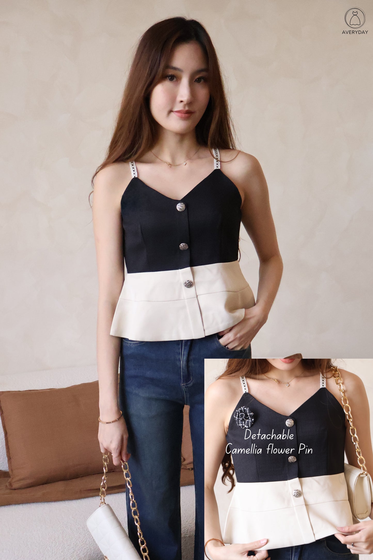*Premium* Claudia Tweed Peplum Top In Black (With Detachable Camellia Pin)