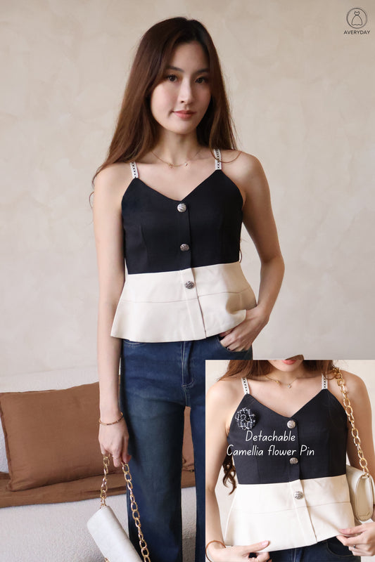 *Premium* Claudia Tweed Peplum Top In Black (With Detachable Camellia Pin)