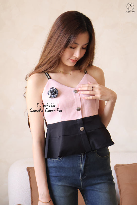 *Premium* Claudia Tweed Peplum Top In Pink (With Detachable Camellia Pin)