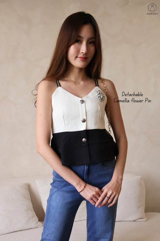 *Premium* Claudia Tweed Peplum Top In Cream (With Detachable Camellia Pin)