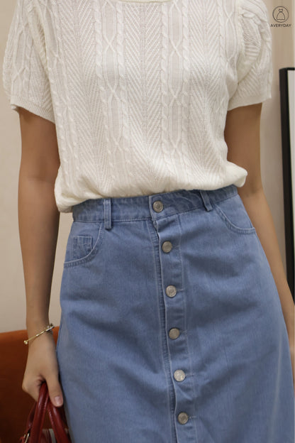 Yanice Denim Mermaid Hem Midi Skirt In Light Wash