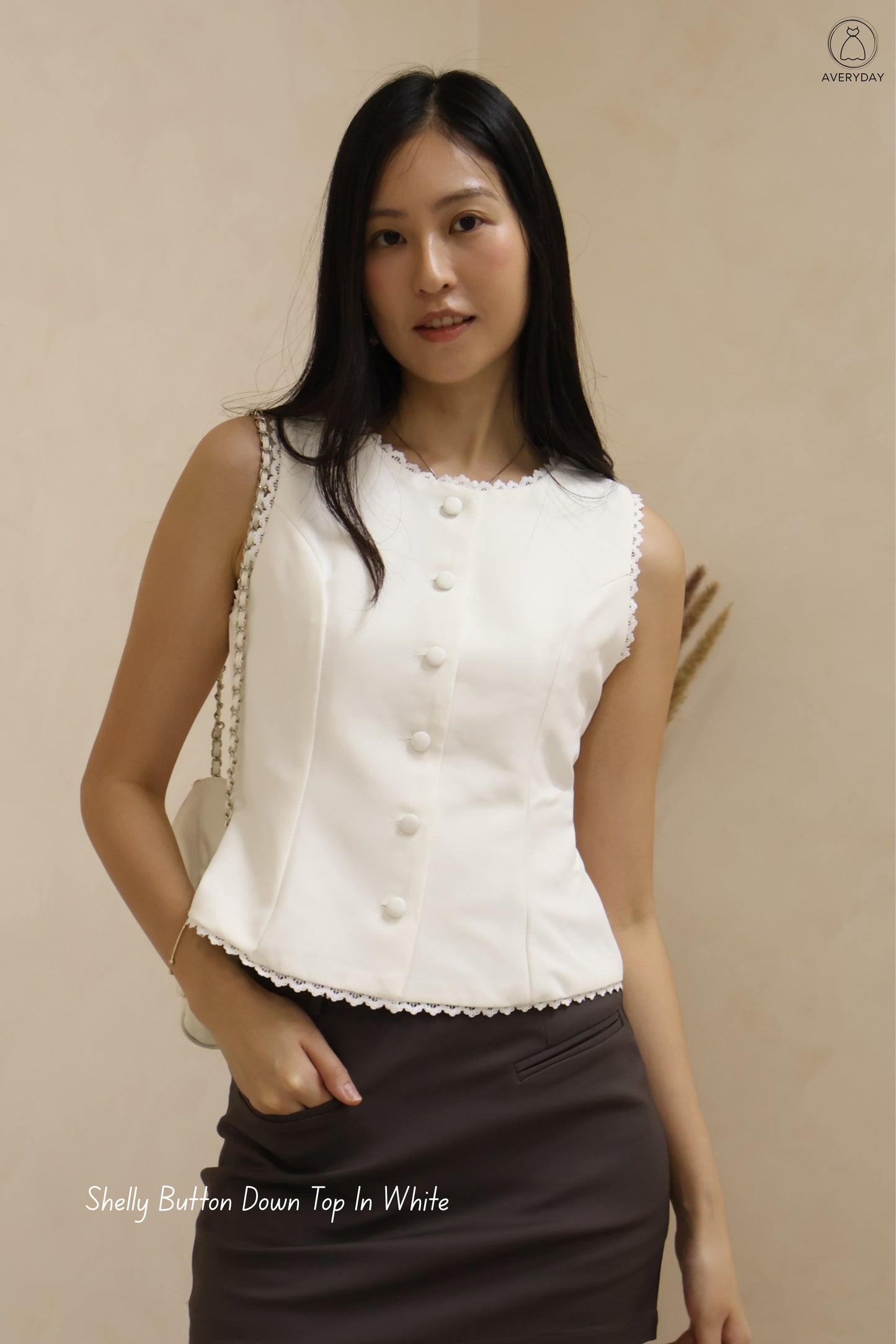 Shelly Lace Trim Button Top In White