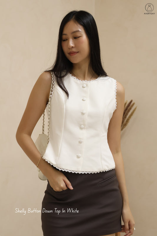 Shelly Lace Trim Button Top In White