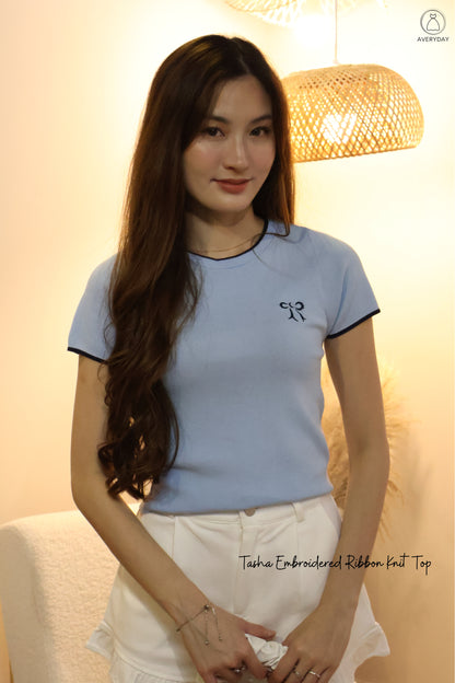 Tasha Embroidered Ribbon Knit Top In Baby Blue