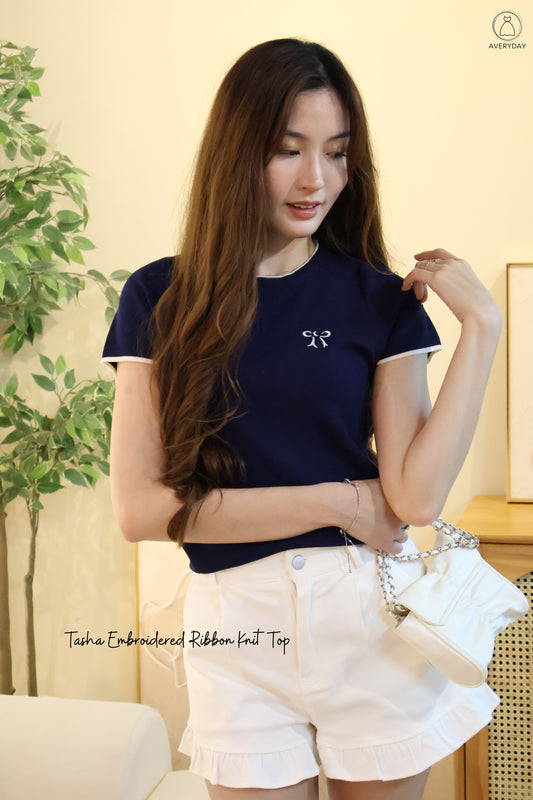 Tasha Embroidered Ribbon Knit Top In Navy Blue