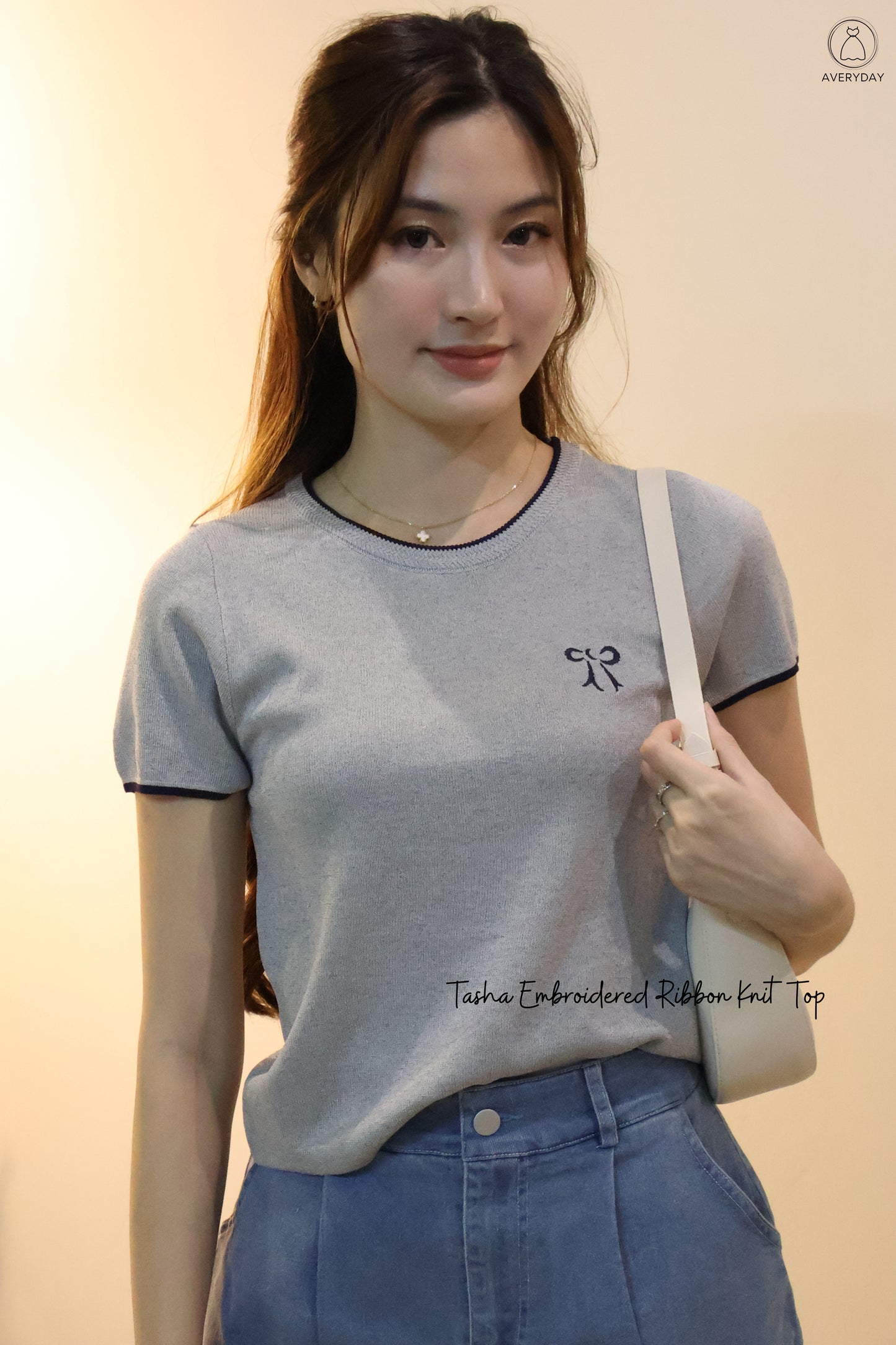 Tasha Embroidered Ribbon Knit Top In Grey