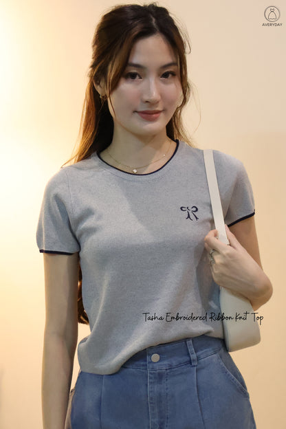 Tasha Embroidered Ribbon Knit Top In Grey