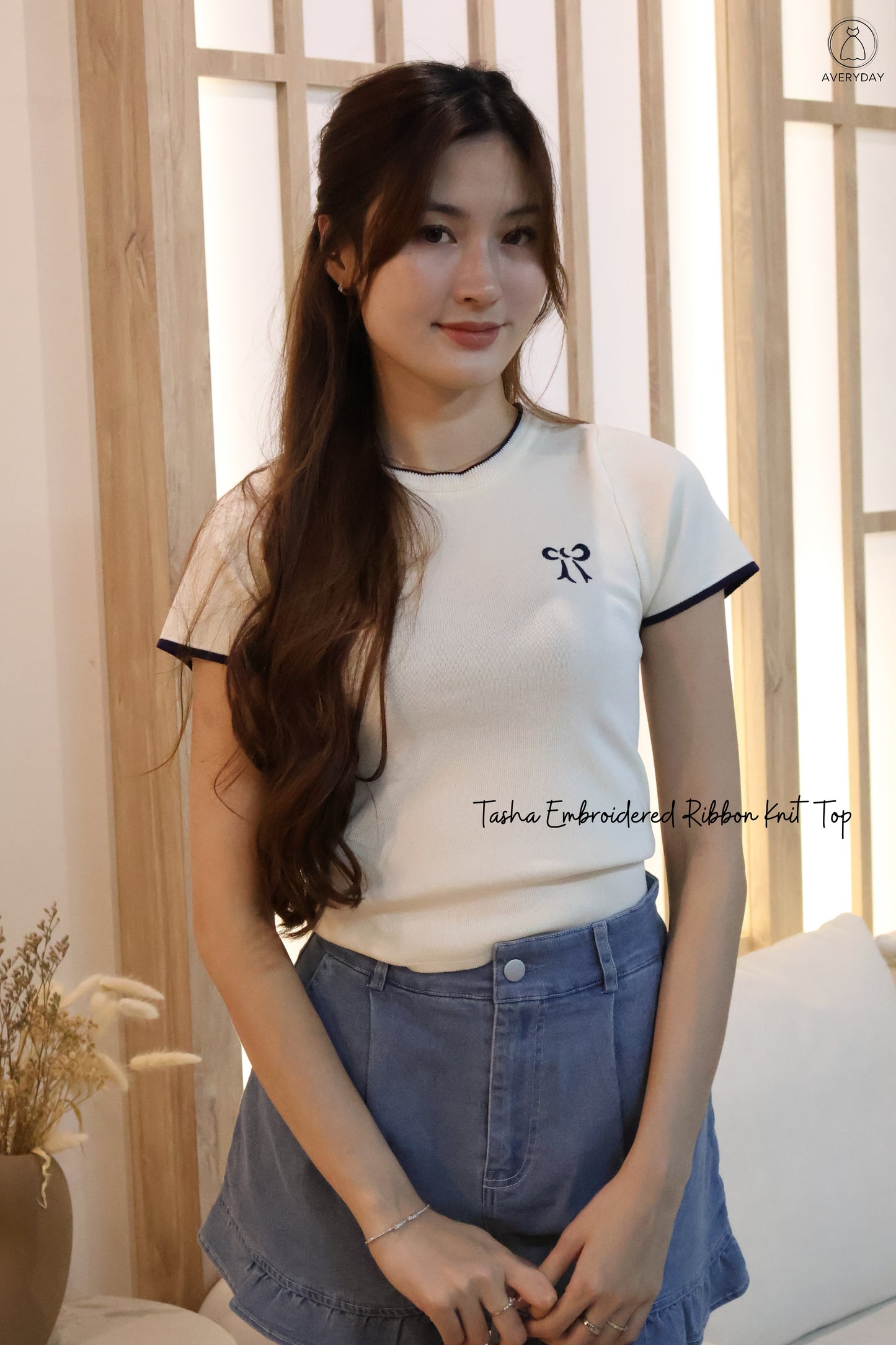 Tasha Embroidered Ribbon Knit Top In Cream