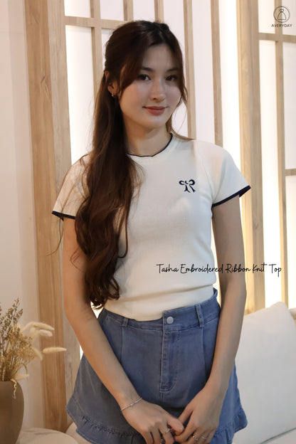 Tasha Embroidered Ribbon Knit Top In Cream