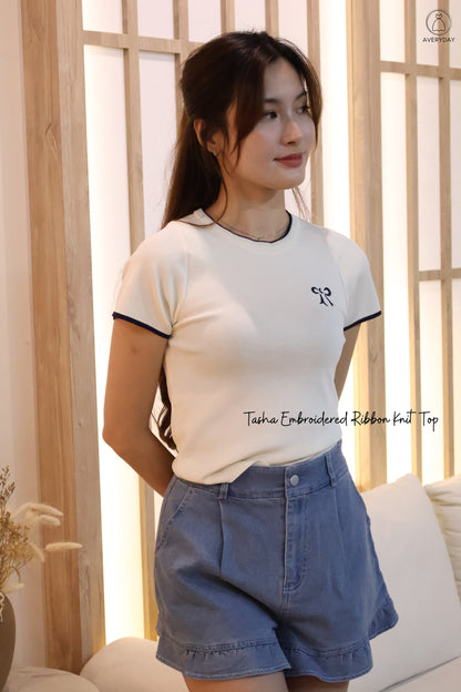 Tasha Embroidered Ribbon Knit Top In Cream