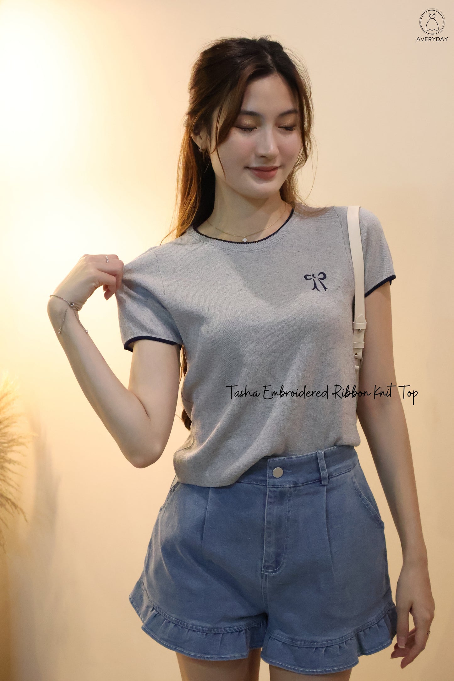 Tasha Embroidered Ribbon Knit Top In Grey