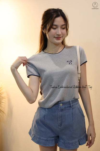 Tasha Embroidered Ribbon Knit Top In Grey