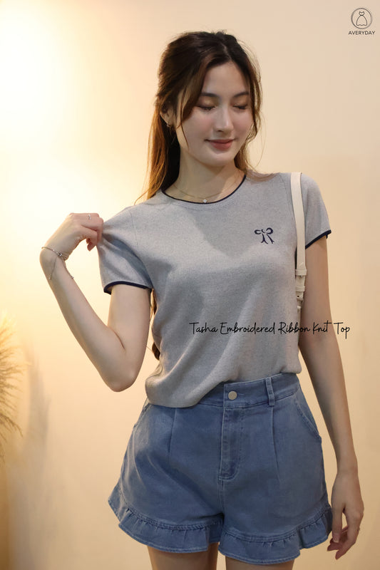 Tasha Embroidered Ribbon Knit Top In Grey