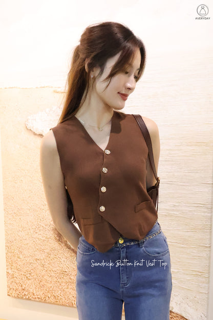 Sandrick Button Knit Vest Top In Brown