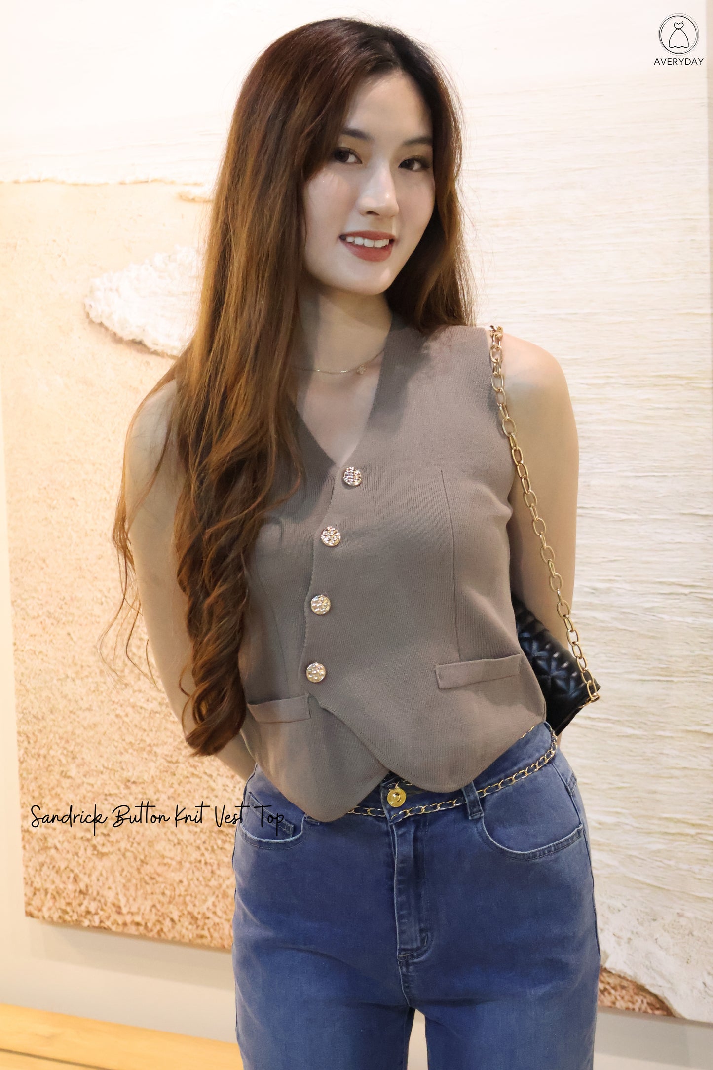 Sandrick Button Knit Vest Top In Taupe