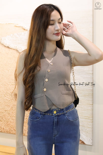 Sandrick Button Knit Vest Top In Taupe
