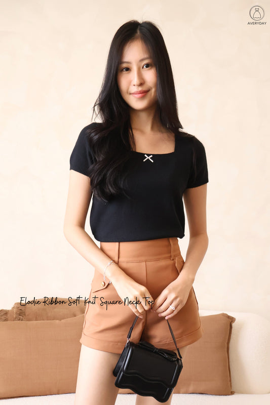 Elodie Ribbon Soft Knit Square Neck Top In Black
