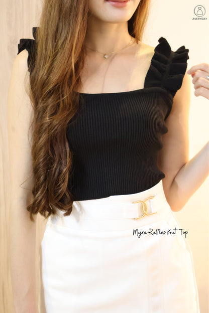 Myra Ruffles Ribbed Top In Black