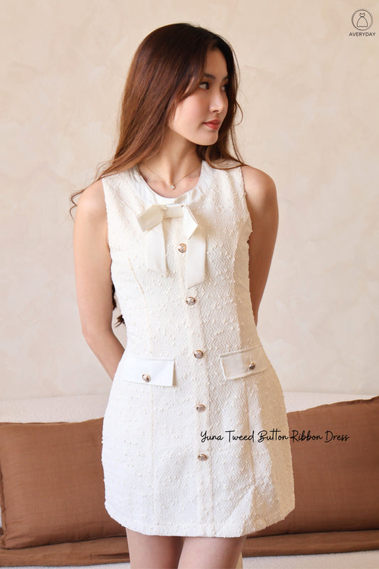 Yuna Tweed Button Ribbon Dress In Cream