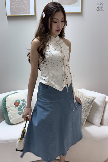 *Premium* 漫 (Màn) Pocket Denim Flutter Flare Midi Skirt In Light Wash