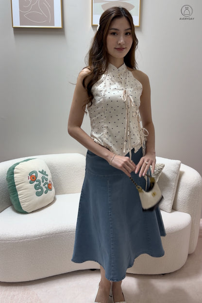 *Premium* 漫 (Màn) Pocket Denim Flutter Flare Midi Skirt In Light Wash