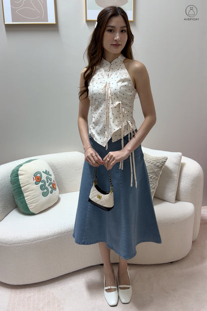 *Premium* 漫 (Màn) Pocket Denim Flutter Flare Midi Skirt In Light Wash