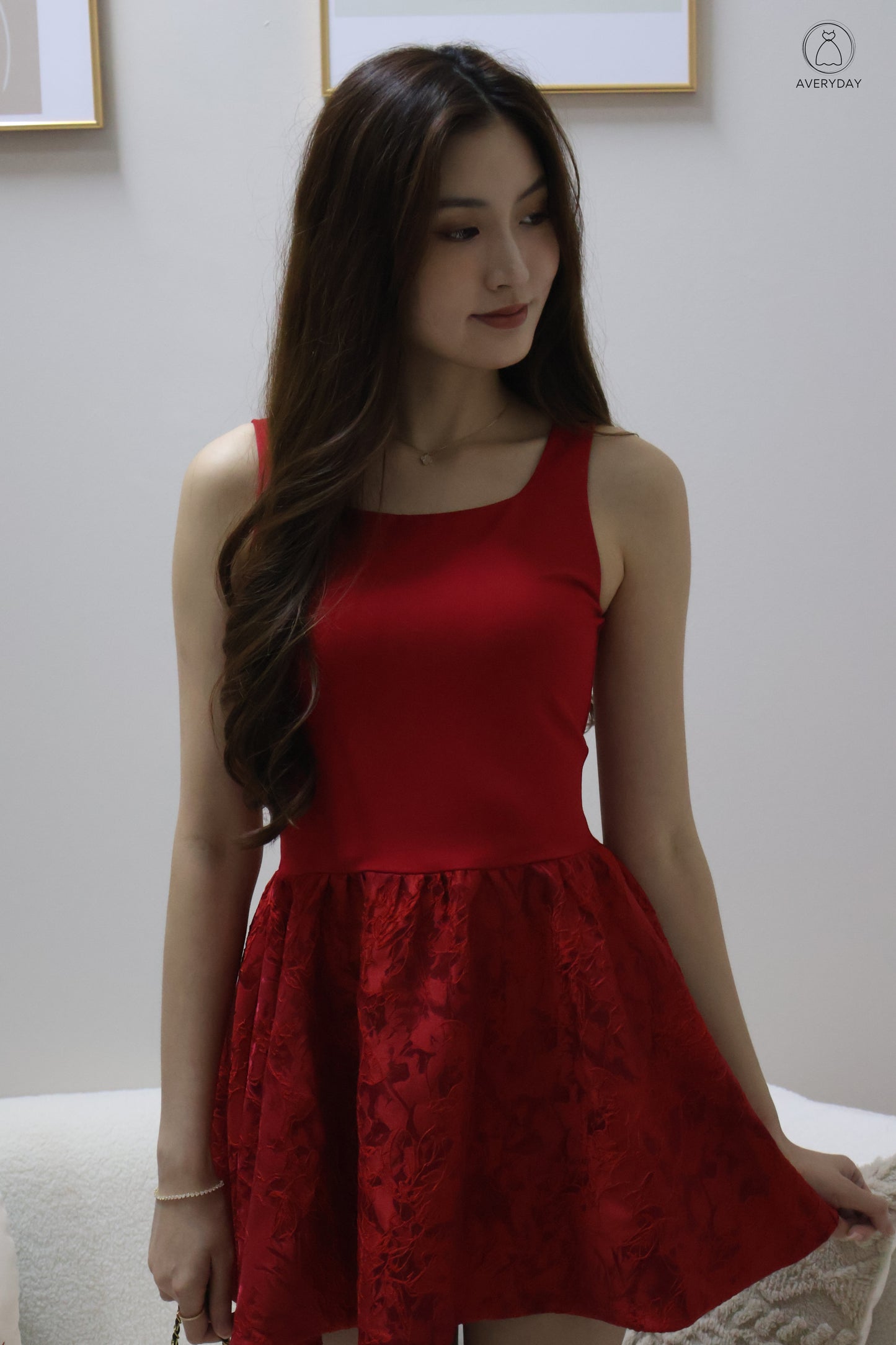 霓影 (Ní Yǐng) Festive  Bloom Lace Romper Dress In Scarlett (With Camellia Chain Sling)