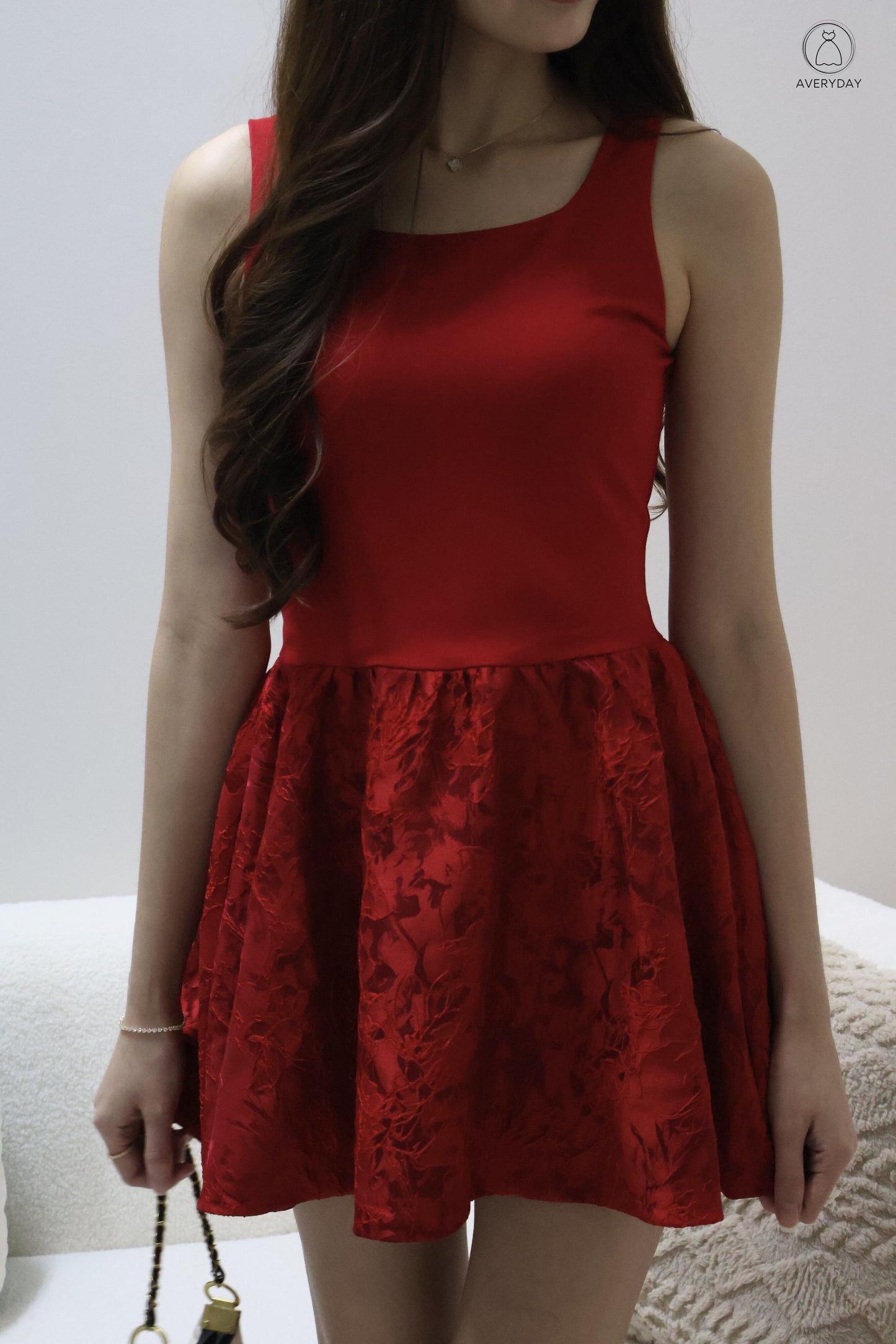 霓影 (Ní Yǐng) Festive  Bloom Lace Romper Dress In Scarlett (With Camellia Chain Sling)