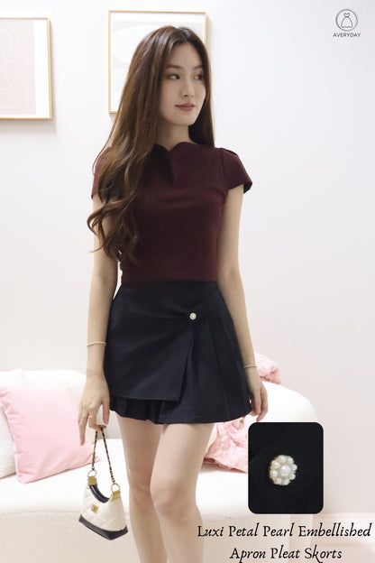 Luxi Petal Pearl Embellished Apron Pleat Skorts In Black