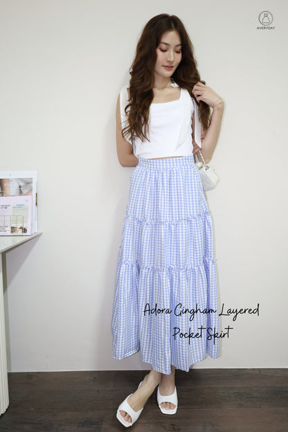 Adora Gingham Layered Pocket Skirt In Blue