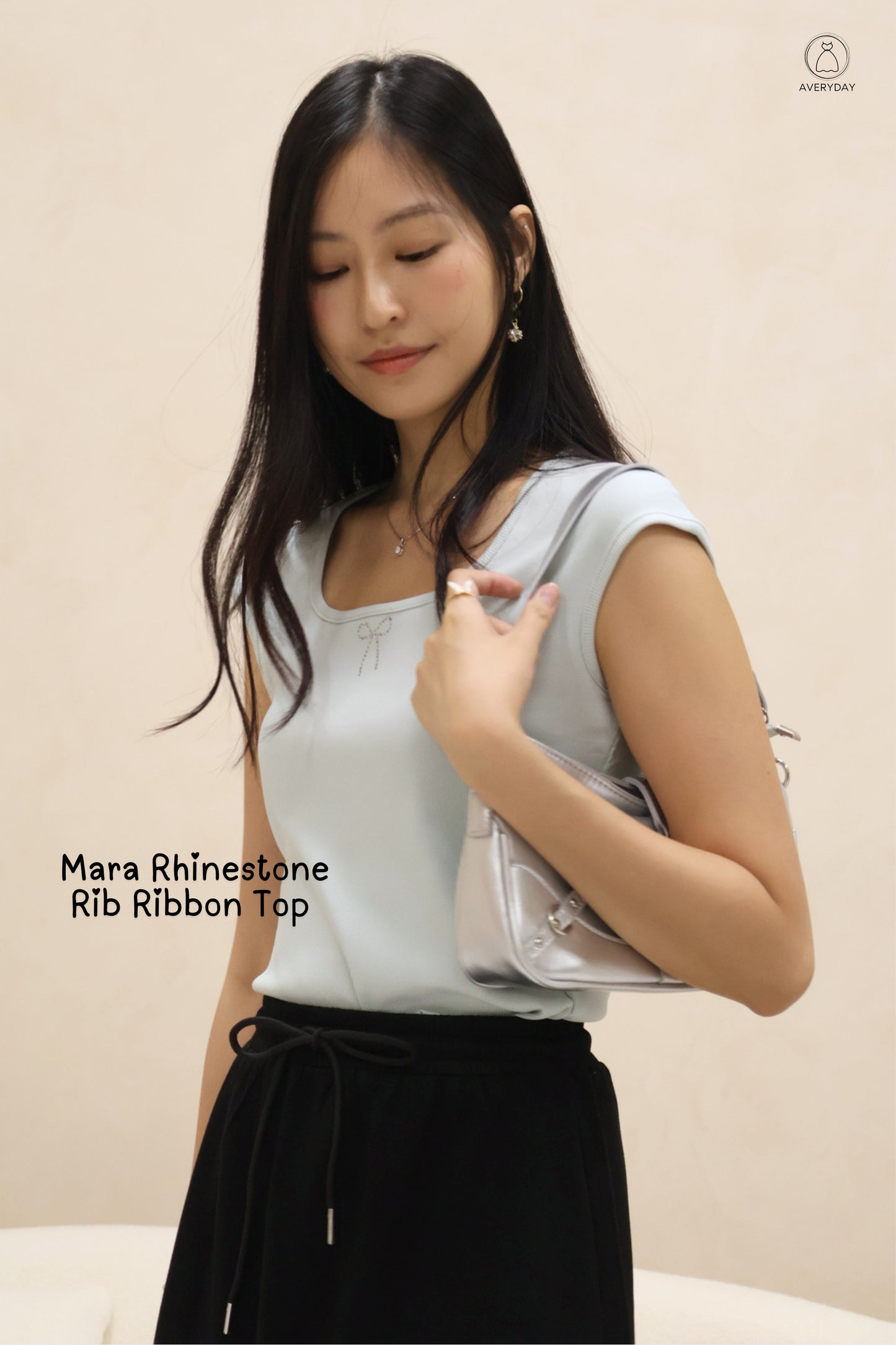 Mara Rhinestone Rib Ribbon Top in Seafoam