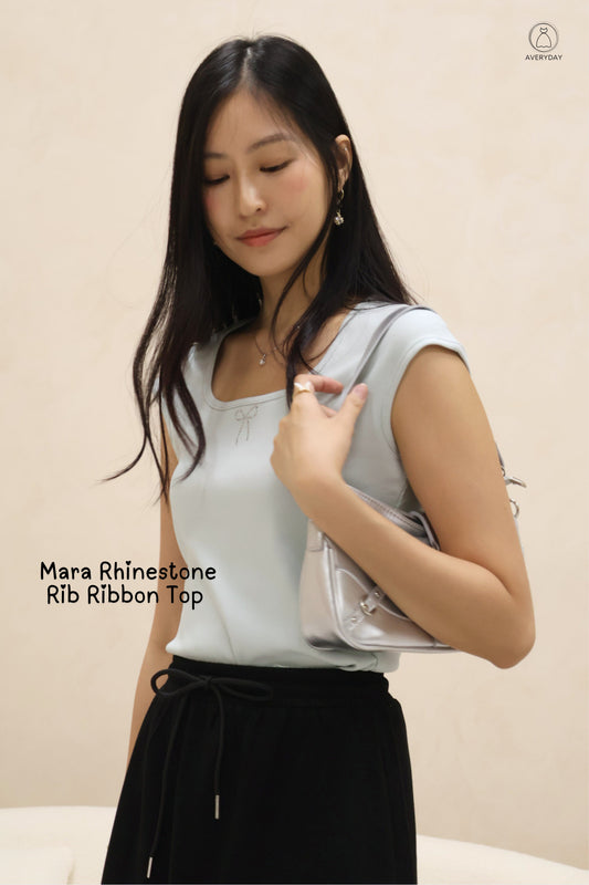 Mara Rhinestone Rib Ribbon Top in Seafoam