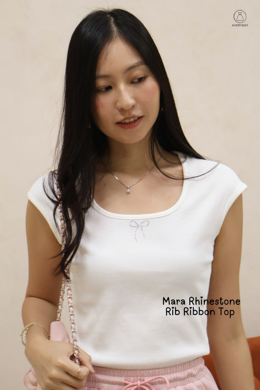 Mara Rhinestone Rib Ribbon Top in White
