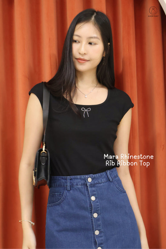 Mara Rhinestone Rib Ribbon Top in Black