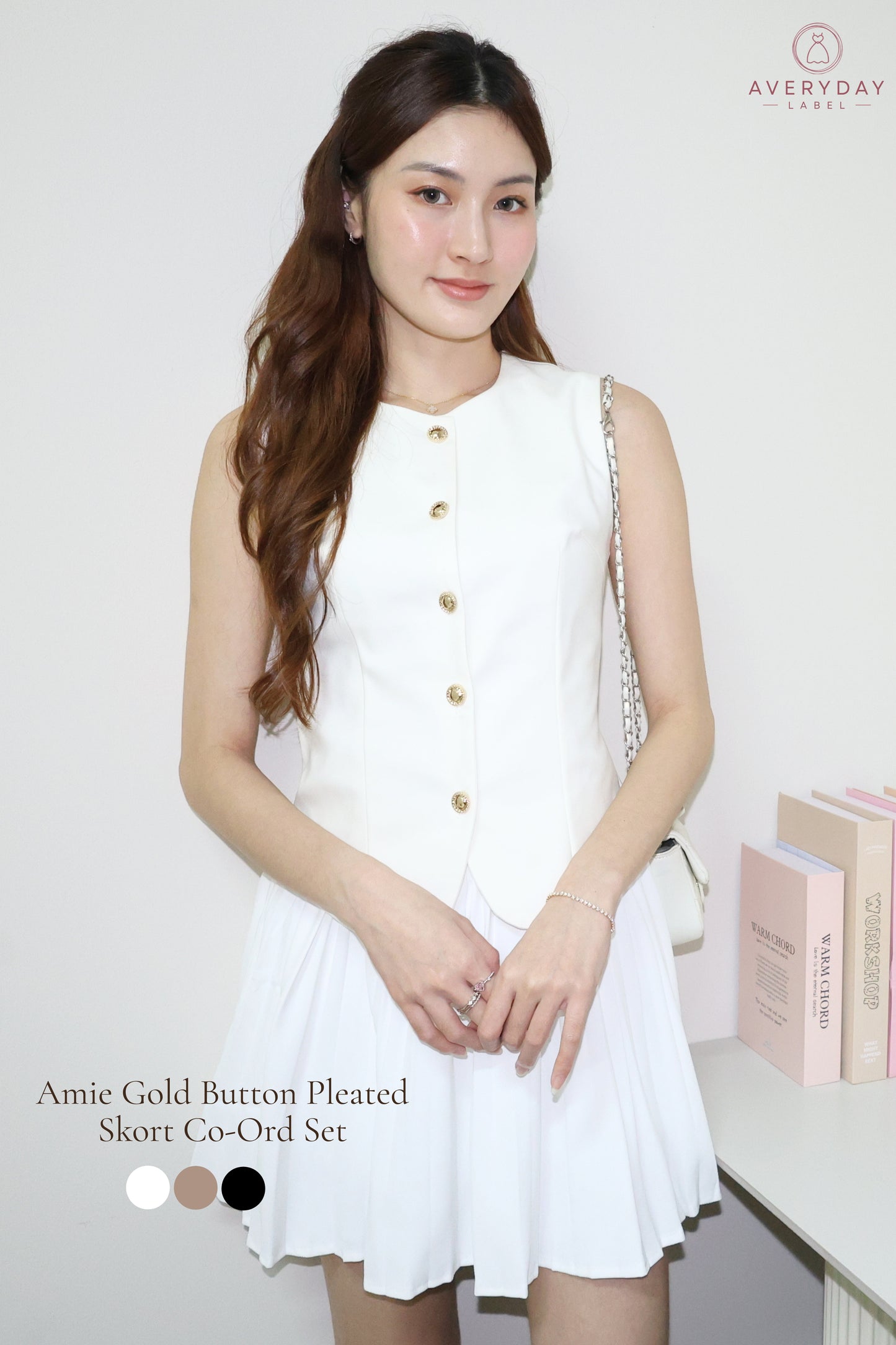 Amie Gold Button Pleated Skort Co-Ord Set In White