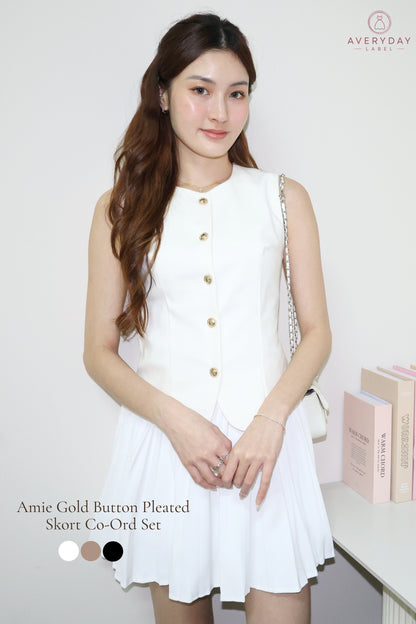 Amie Gold Button Pleated Skort Co-Ord Set In White