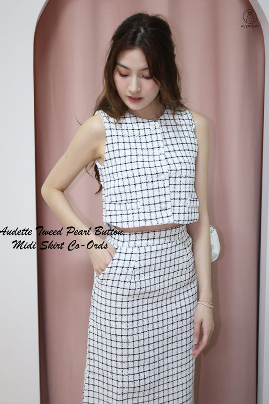 *Premium* Audette Tweed Pearl Button Midi Skirt Co-Ords In White