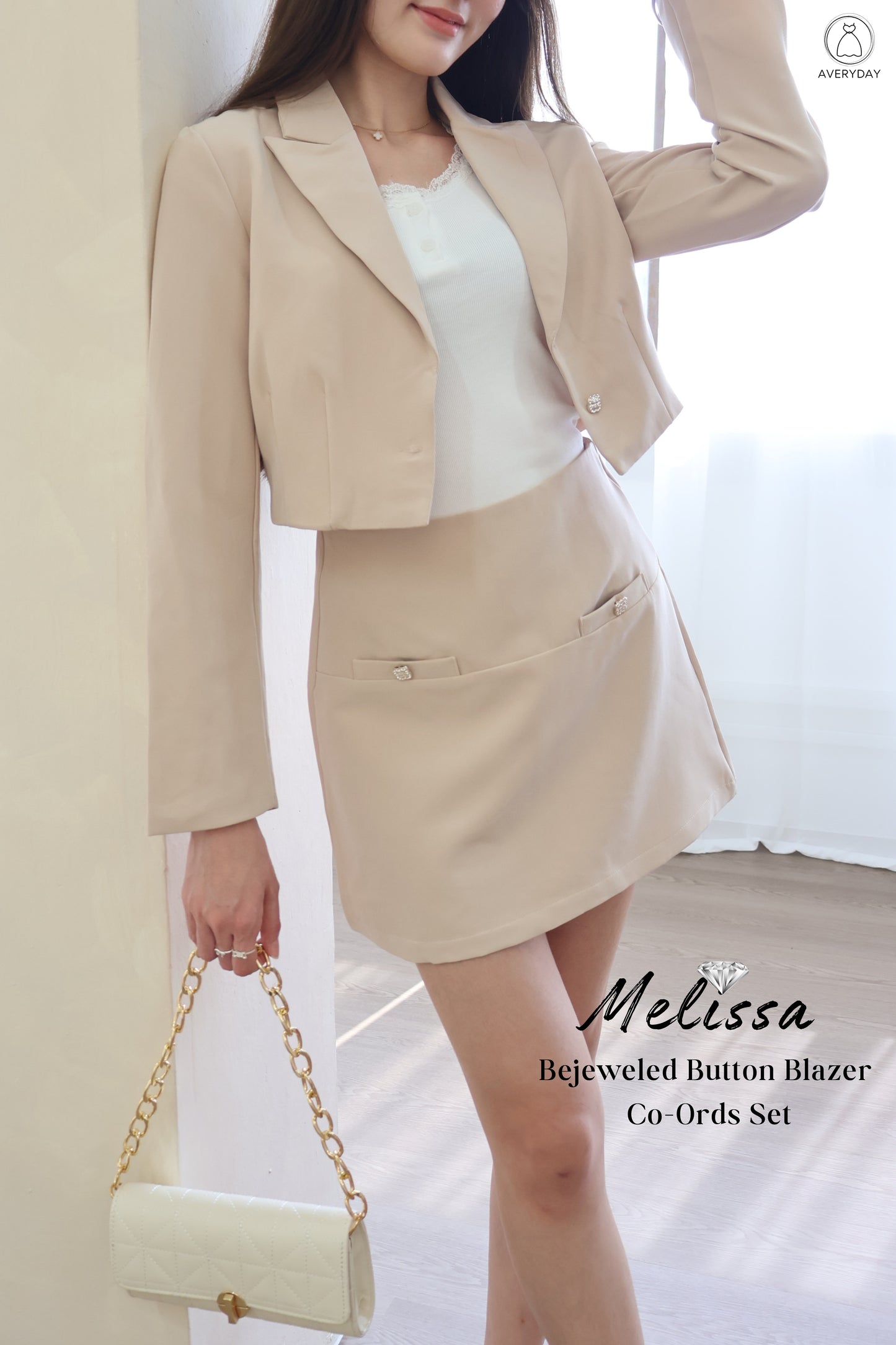 Melissa Bejeweled Button Blazer Co-Ords Set In Beige