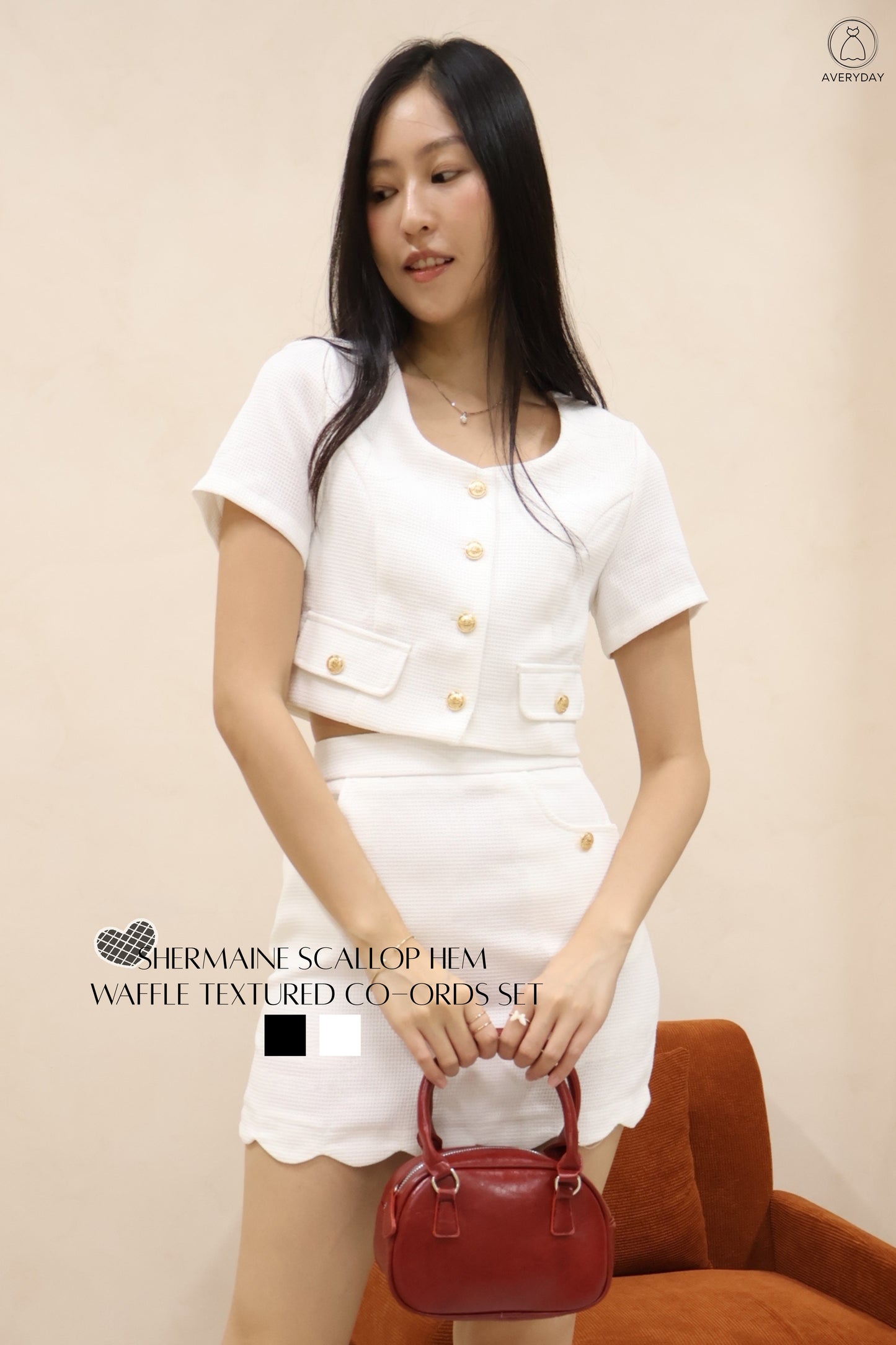 Shermaine Scallop Hem Waffle Textured Co-Ords Set In White