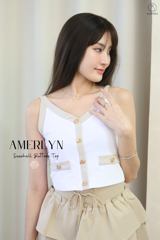 Amerlyn Seashell Buttons Top In White-Taupe