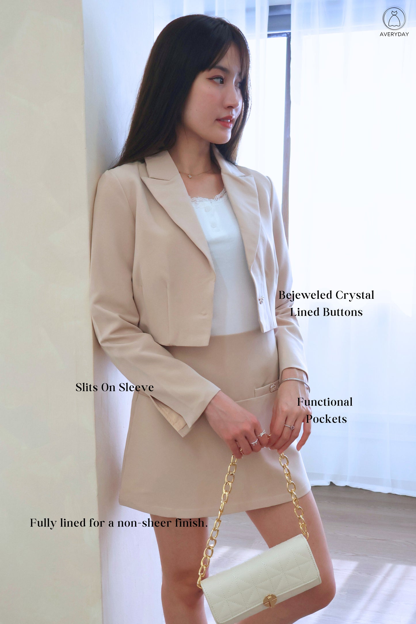 Melissa Bejeweled Button Blazer Co-Ords Set In Beige