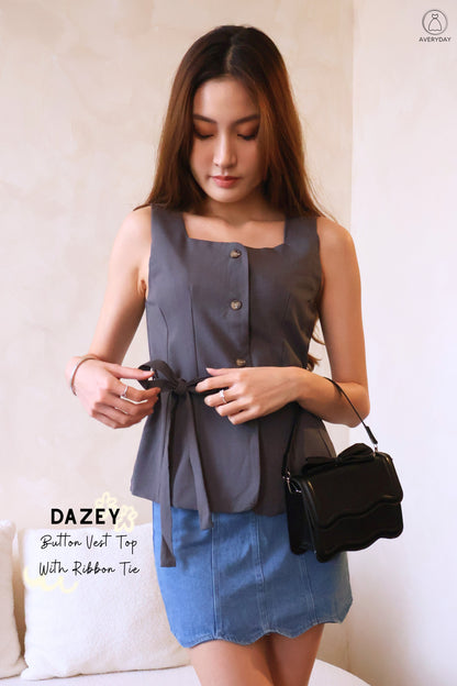Dazey Button Vest Top With Ribbon Tie In Grey