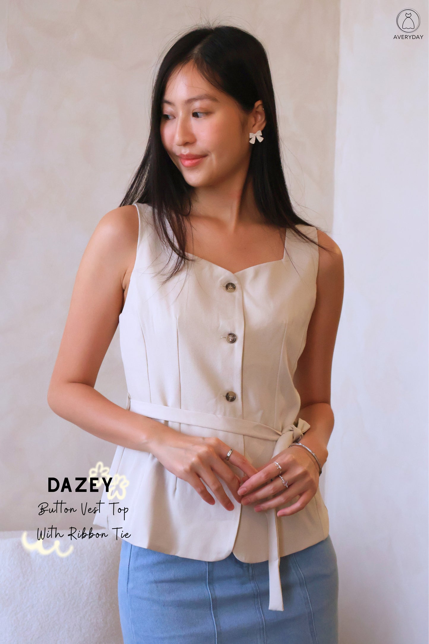 Dazey Button Vest Top With Ribbon Tie In Sand