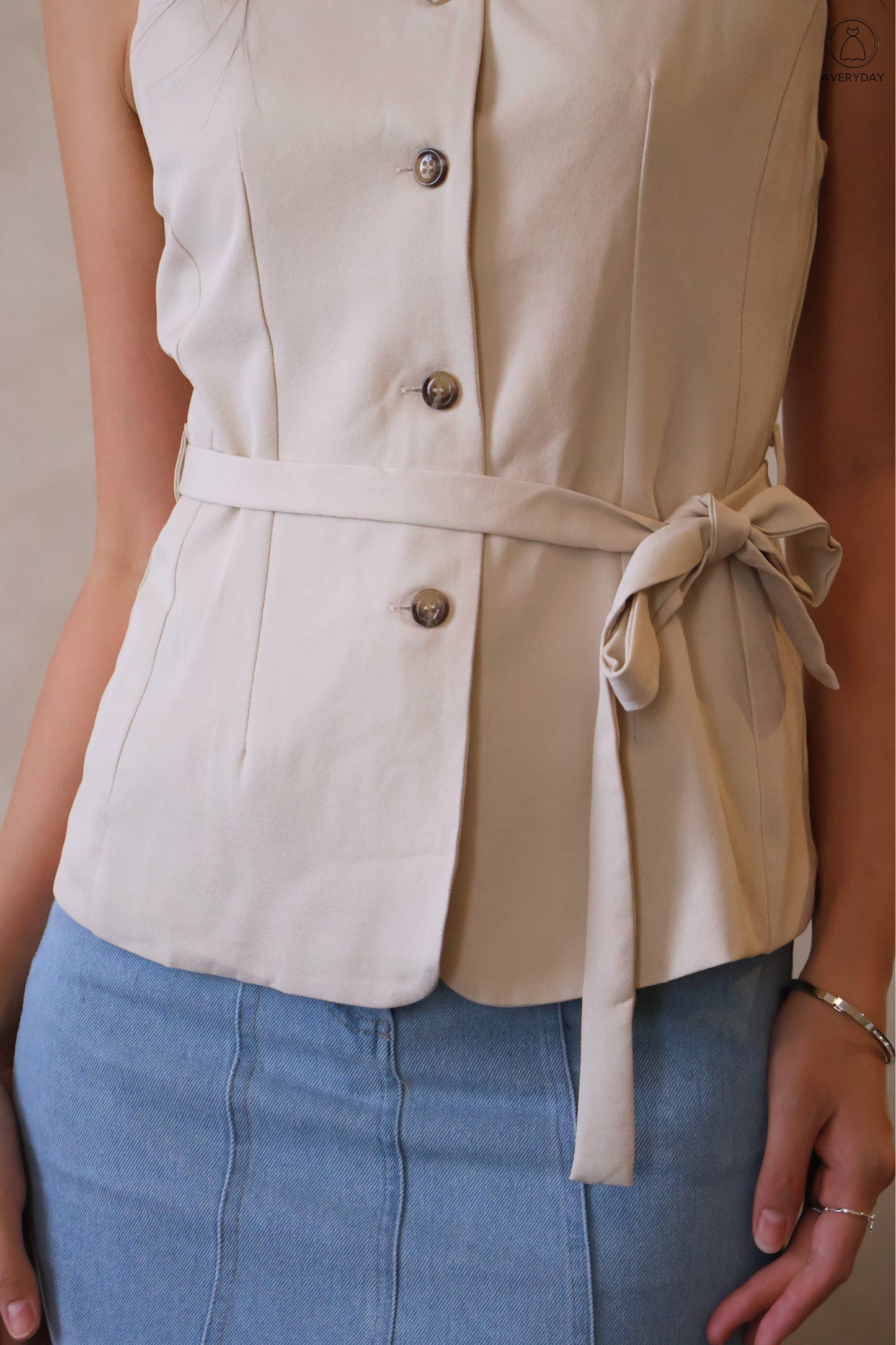 Dazey Button Vest Top With Ribbon Tie In Sand
